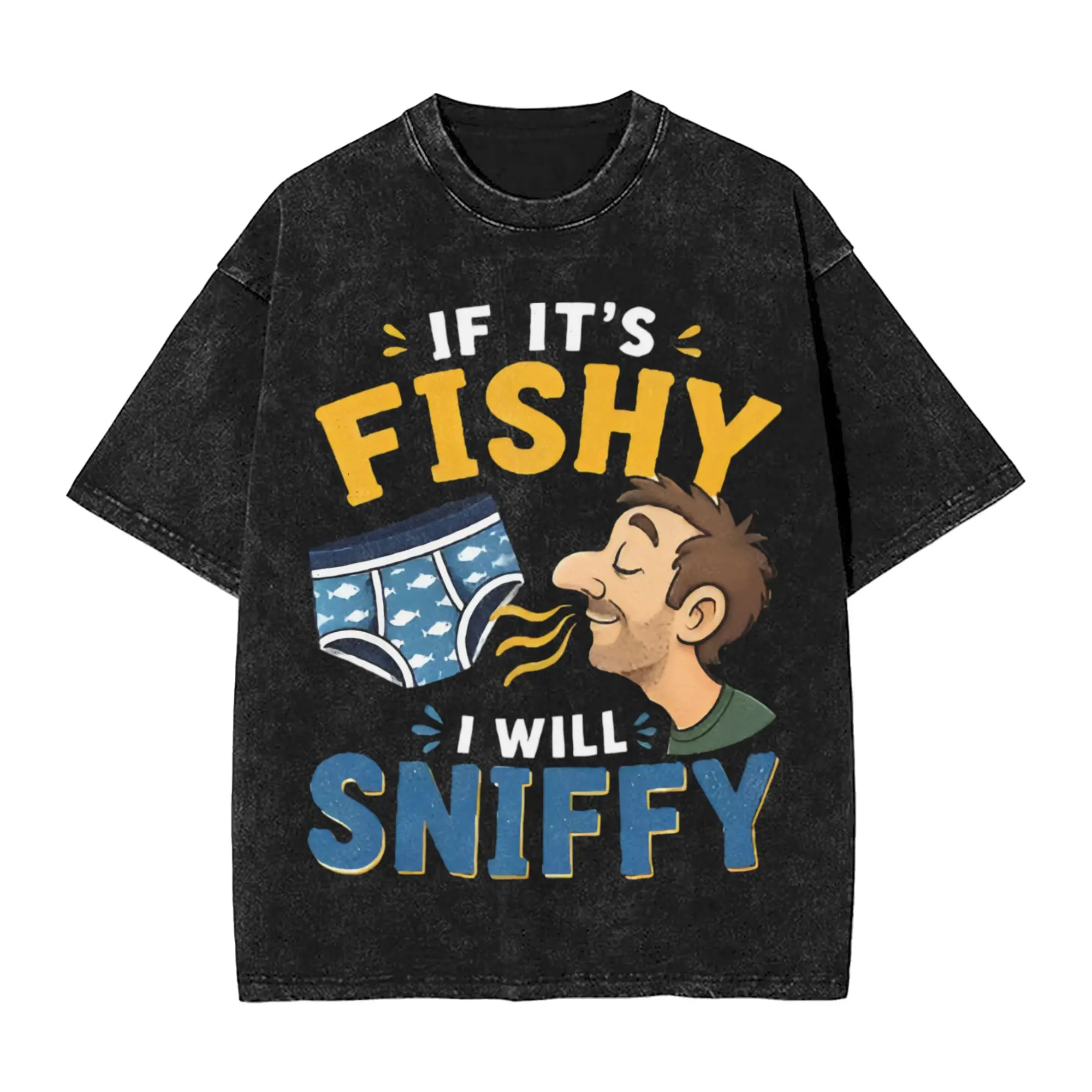 If It's Fishy I Will Sniffy Meme Vintage Washed T-Shirt For Men Women Cotton Top Tee Streetwear  Round Neck Short Sleeve