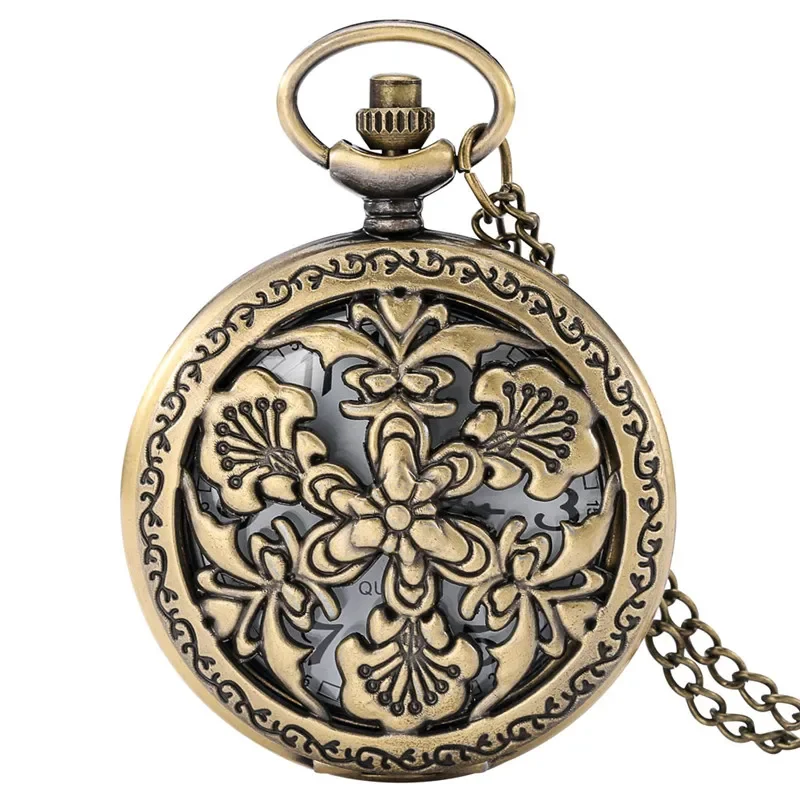 Retro Flower Pocket Watch Half Hunter Design Men Women Quartz Analog Watches Arabic Numeral Display Timepiece Necklace Chain