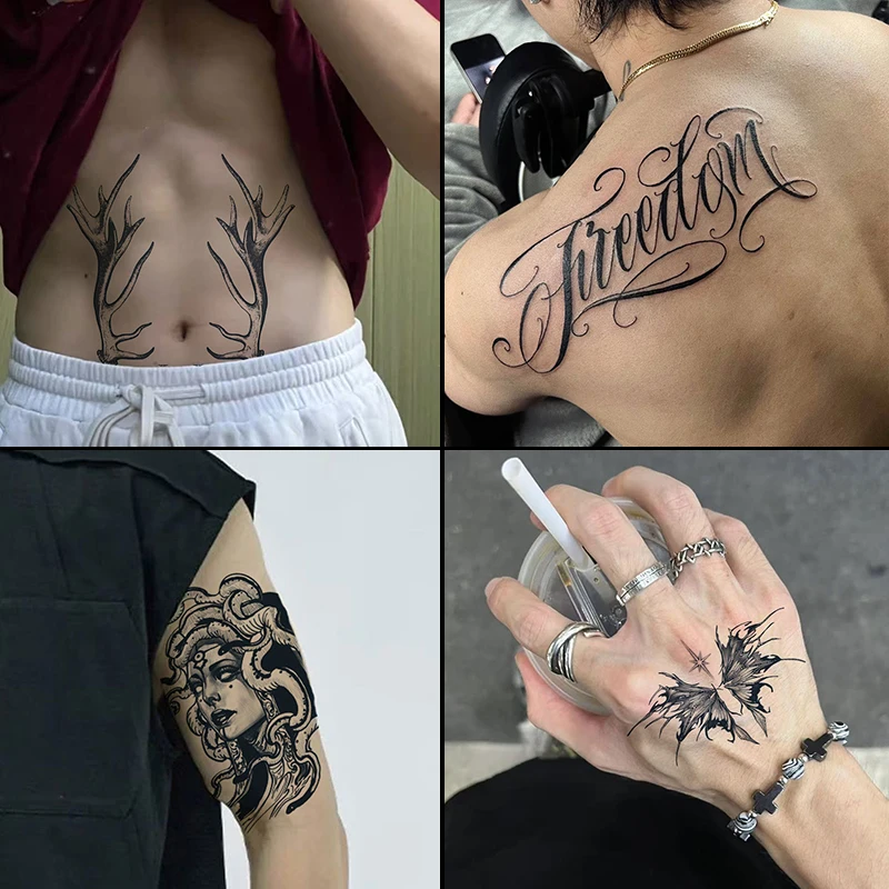 

4 больших травяных тату-наклеек, включая 1 с элементами бабочки, 1 с элементами букв, 1 с элементами медазы и 1 с элементами бабочки. Они последние в течение 7-15 дней, водонепроницаемые и устойчивые к трению, имеют реалистичный эффект и подходят для люде