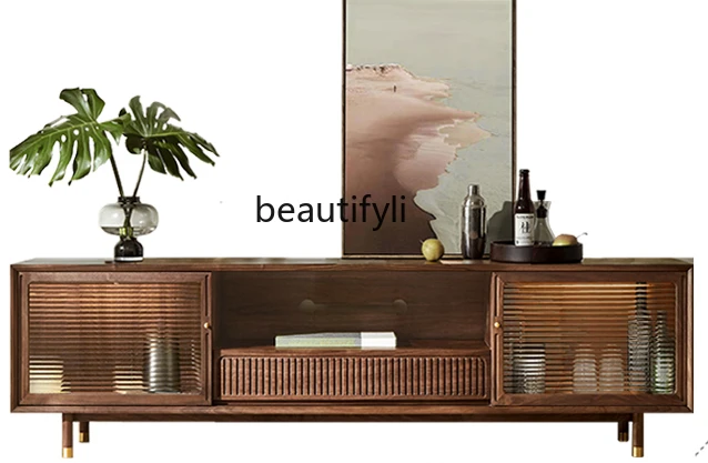 

Nordic Solid Wood TV Cabinet Living Room Simple and Light Luxury Small Apartment Black Walnut Log Furniture Combination