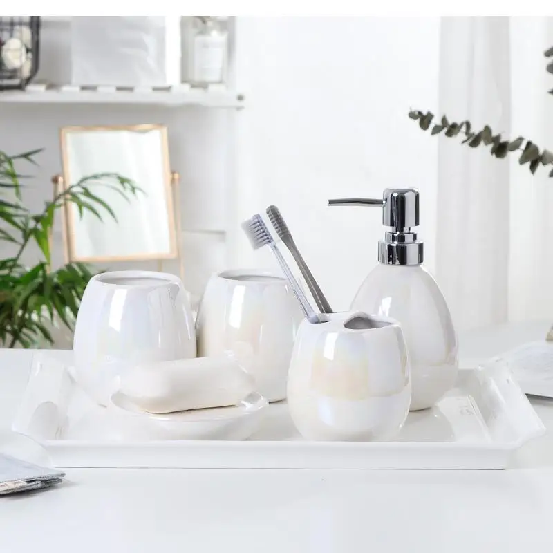 

Five Piece Set European Ceramic Liquid Soap Dispenser Bathroom Accessories Supplies Gargle Cup Dish Toothbrush Holder