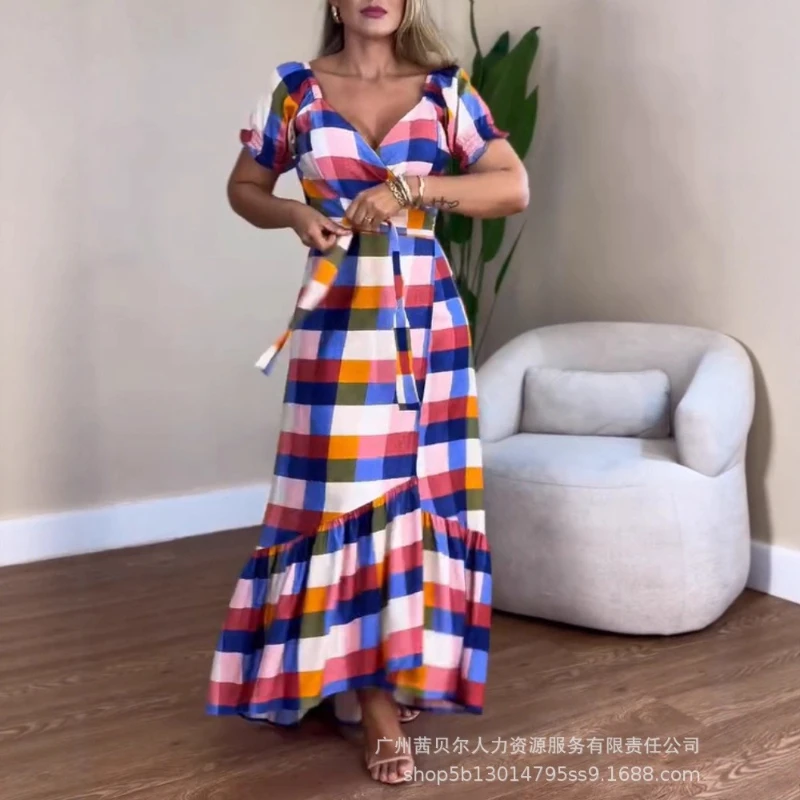 

Women Long Dress Dresses A Line Vestidos Y2k Streetwear Plaid V Neck Short Sleeve High Waist Ruffles Elegant Splice Party Night