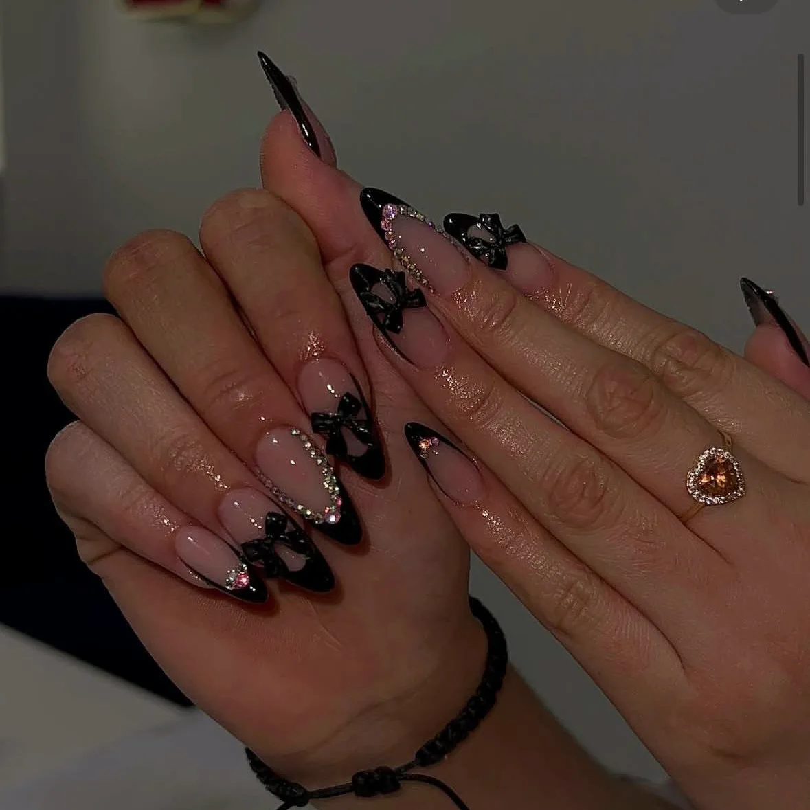 24Pcs False Nails Spicy Girl Silver Bow with Diamond Fake Nails with Glue Almond Press on Nails Black Cool Y2k Almond Nail Set image 6