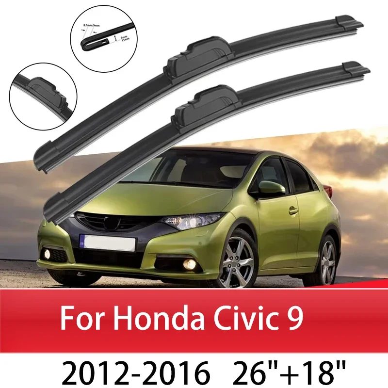

Car Wiper Blades For Honda Civic 9 Hatchback Tourer Europe 2012-2016 26"+18"Windshield Windscreen Clean Naturl Rubber Car Wipers