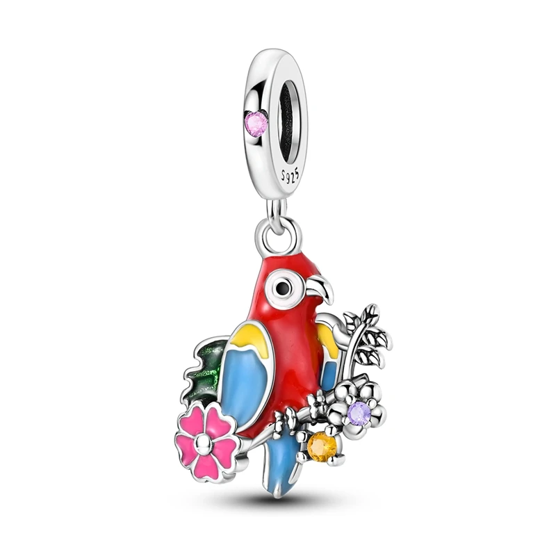 Vivid 925 Sterling Silver Colorful Flowers Cute Parrot Charm Fit Bracelet Children's Daily DIY Jewelry Accessories