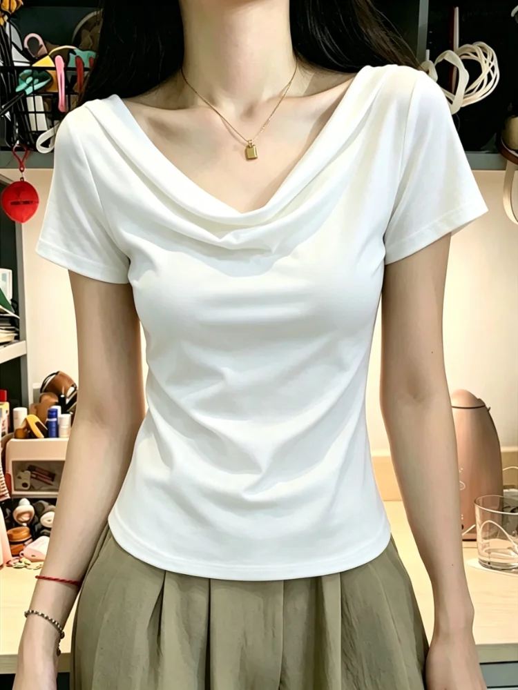 

2026 New Shoulder Bared Short Sleeve T Shirt Women's Summer Design Sensation Slim Fit Waist Inward Folded Top Simple Style