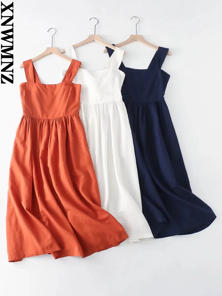 XNWMNZ 2022 summer women fashion hemp blended pleated dress woman retro wide straps casual female chic dresses