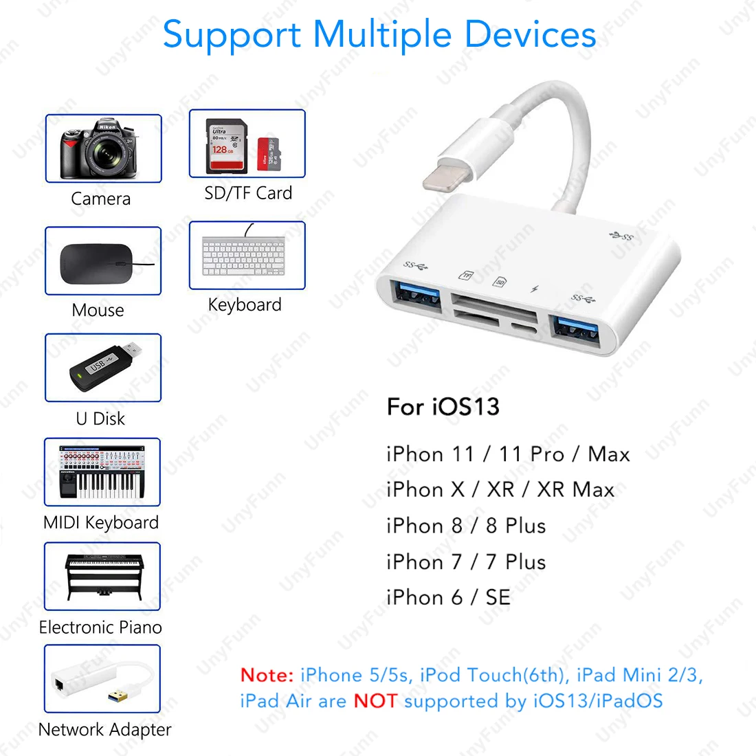 Lector de tarjetas SD 6 en 1 con 3 puertos Usb, adaptador de cámara Otg, Visor de tarjetas SD, compatible con tarjeta TF, Micro adaptador para iPhone