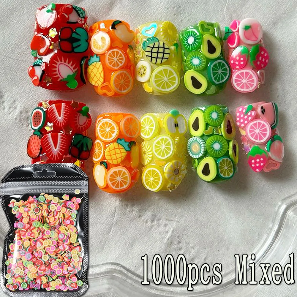 1000Pcs 3D Fruit Slices Resin Nail Charms Mixed Lemon/Orange/Strawberry/Grape Soft Clay Nail Decorations DIY Manicure Supplies^^