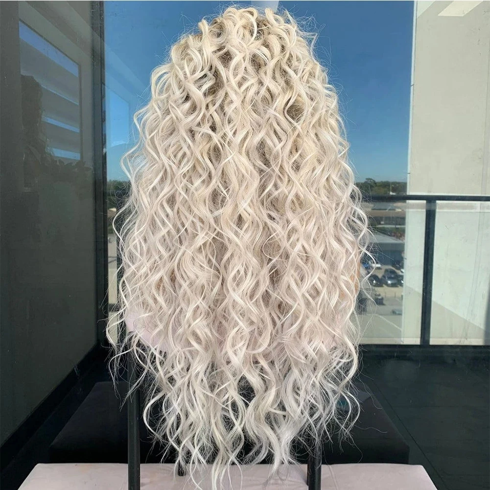 Loose Curly Synthetic Hair Ombre Ash Blonde Lace Front Wigs Glueless Lace Wigs with Baby Hair Pre Plucked Fiber Cosplay Daily