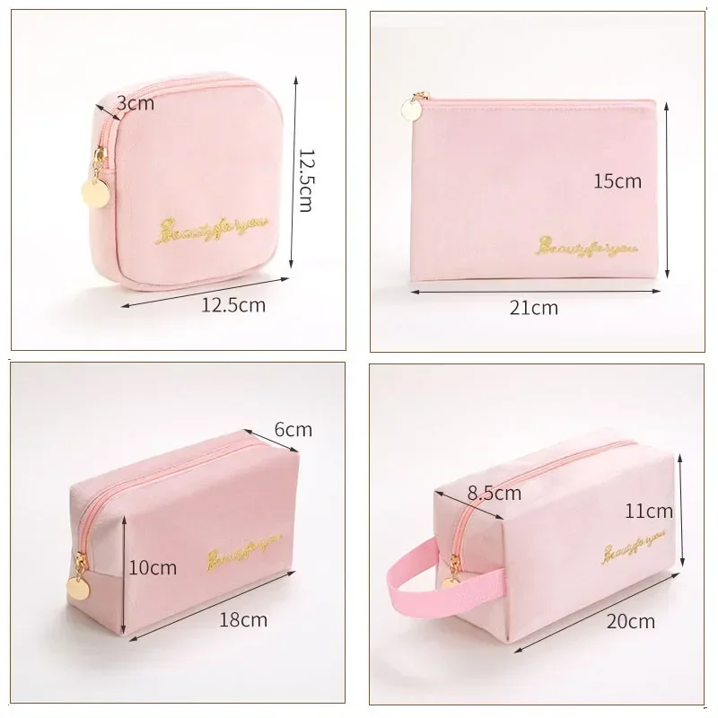 Zipper Velvet Women Cosmetic Bag Travel Large Makeup Bag Solid Color Zipper Lipstick Storage Bags Female Make Up Organizer Pouch