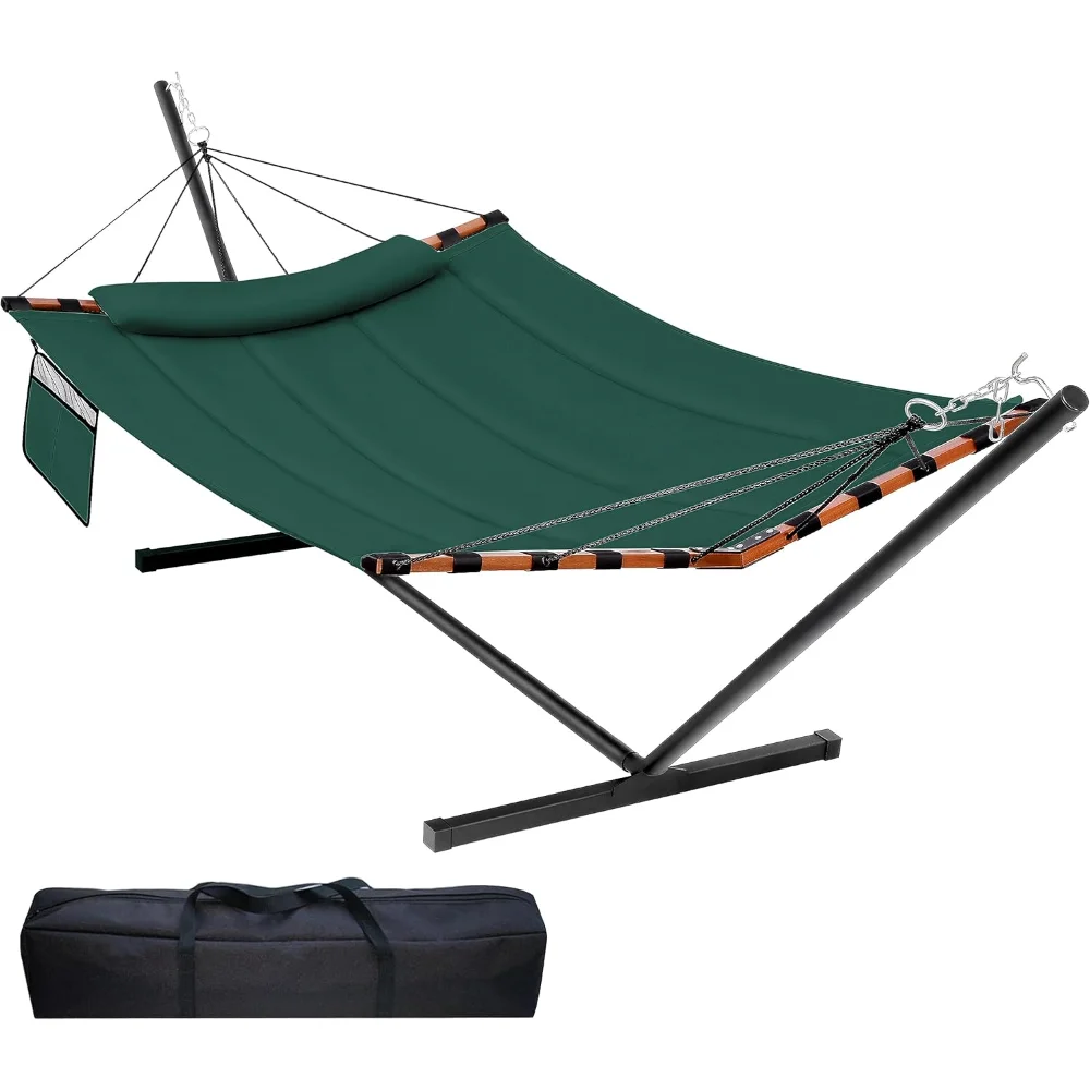 

2 Person Hammock with Stand Included Large Hammock Capacity with Hardwood Spreader Bar & Nylon Rope