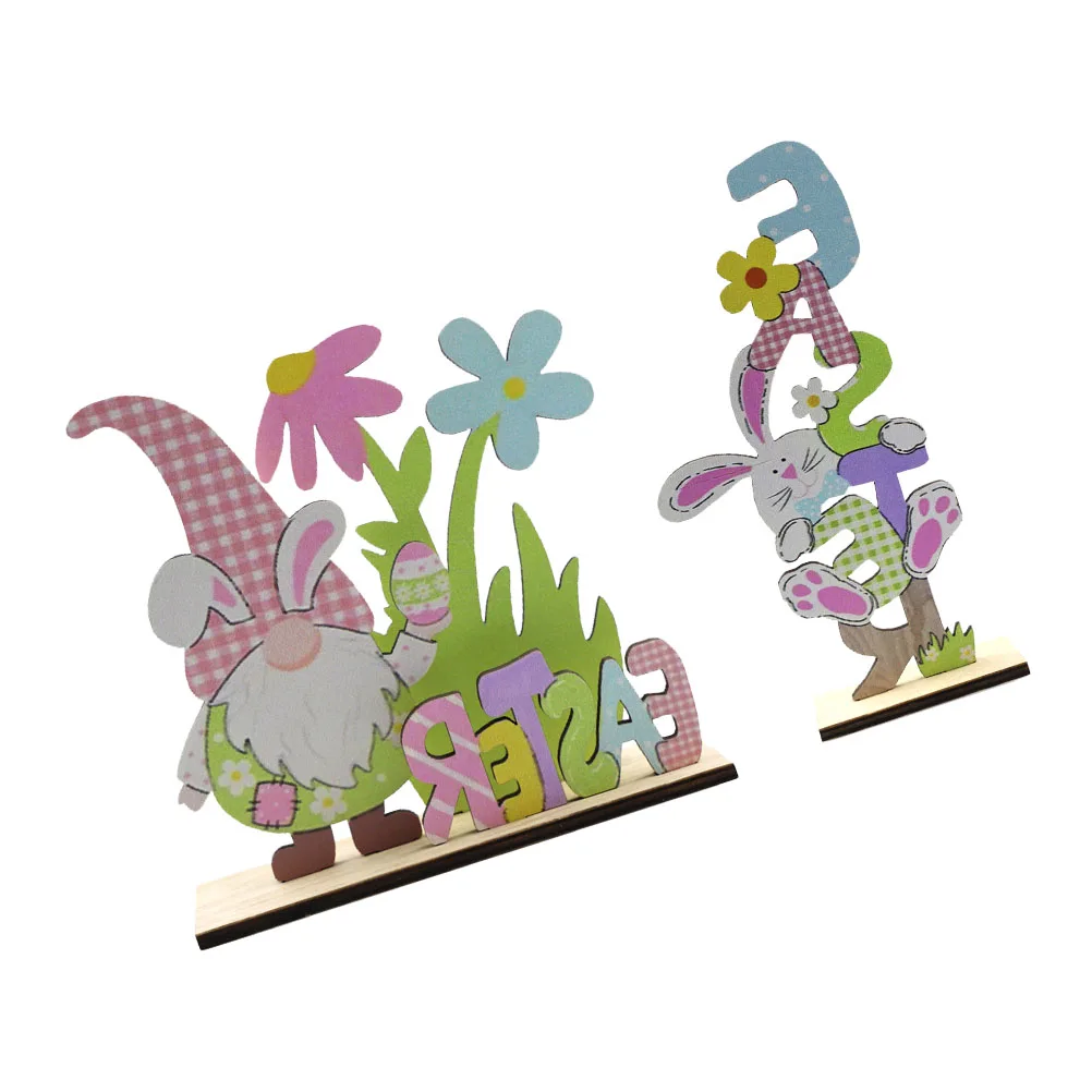 

2pcs Wooden Rabbit Decorative Ornaments Easter Bunny Table Decoration Home Adorn Mini Model Easter Supply Letter