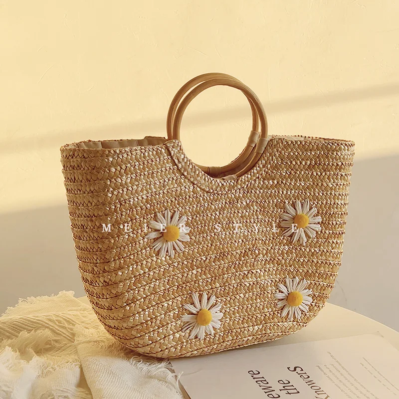 Little Daisy Straw Wooden Ring Handbag, Woven Holiday Beach Bag