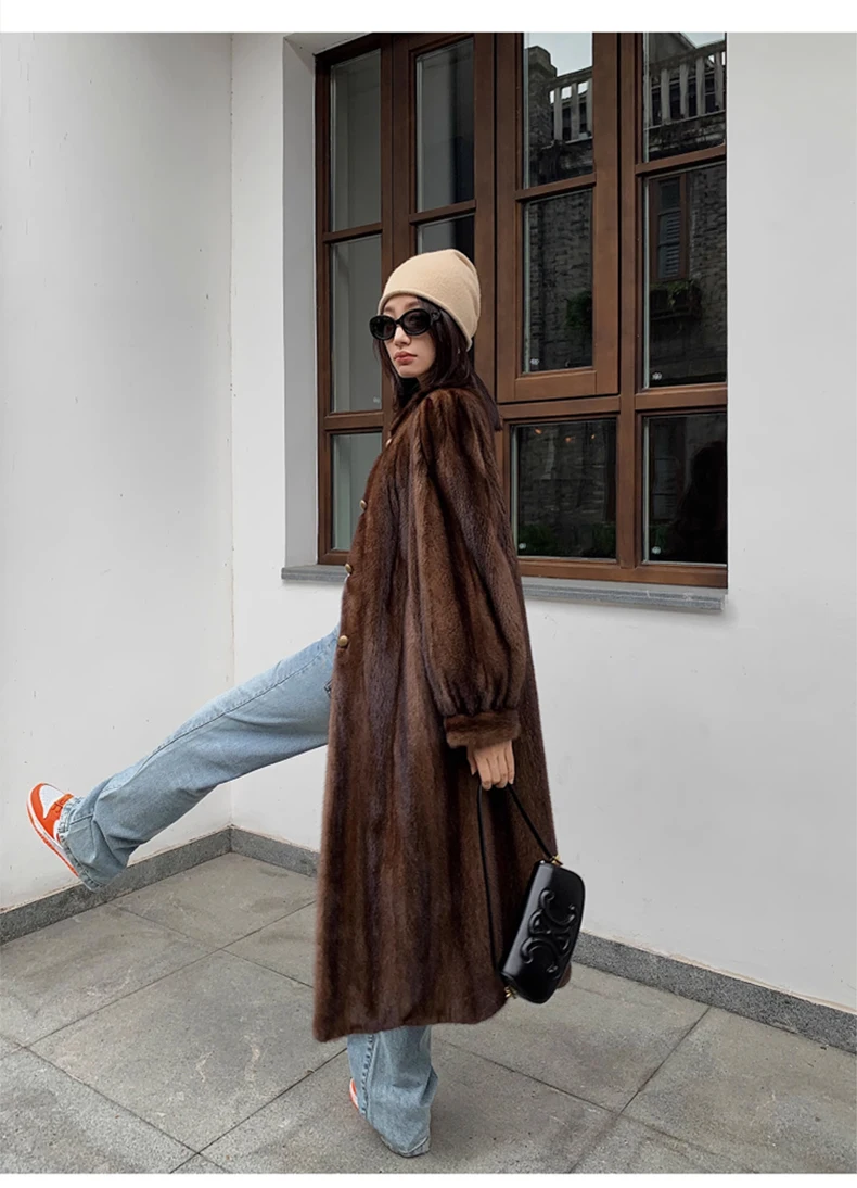 Lautaro Winter Long Brown Thick Warm Soft Faux Mink Fur Coat Women Puff Sleeve Elegant Luxury Chic Fluffy Furry Overcoat 2023
