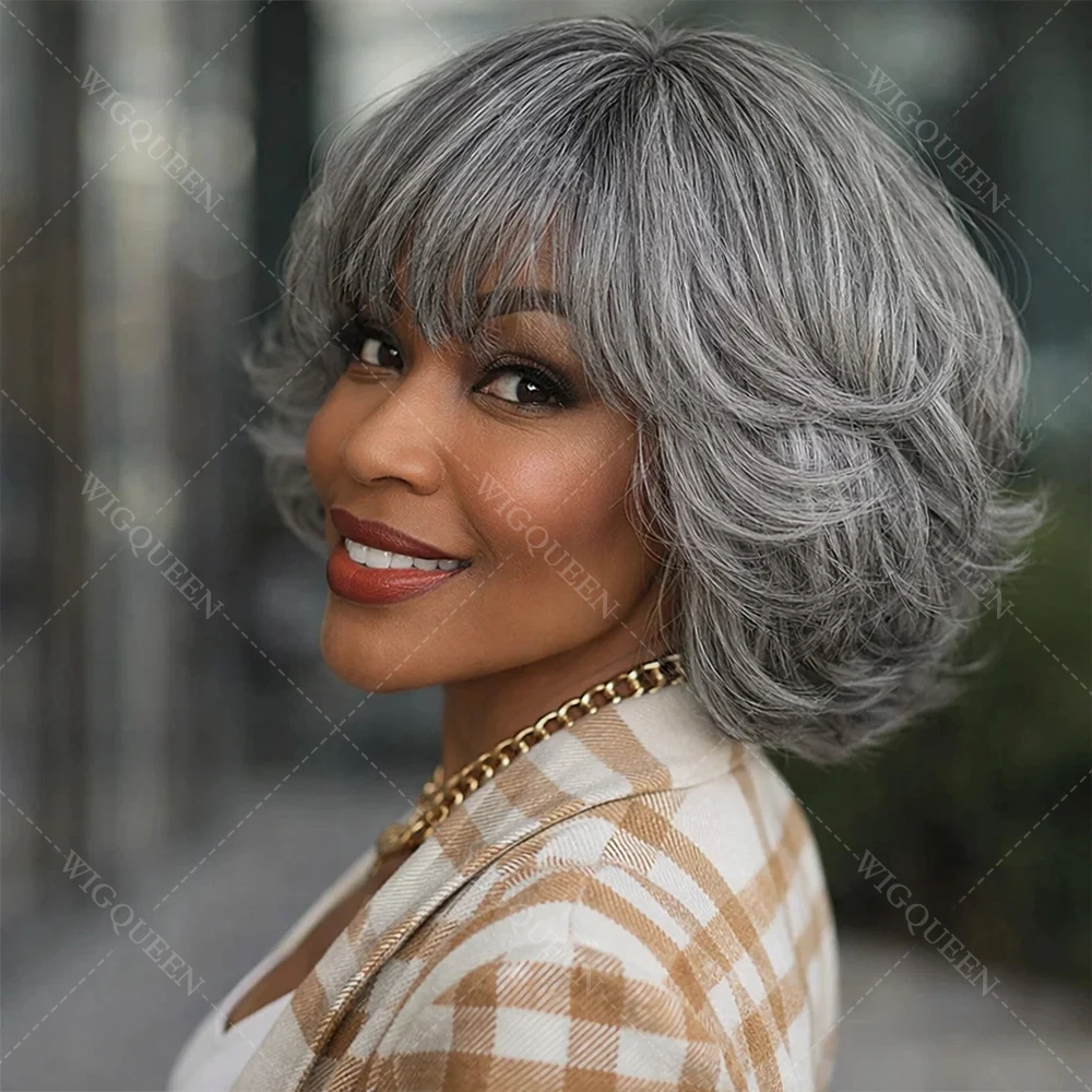 

Soul Lady Ultra Comfort Beginner Friendly Salt & Pepper Bob With Bang Brazilian Virgin Hair Loose Wavy Human Hair Wear To Go Wig