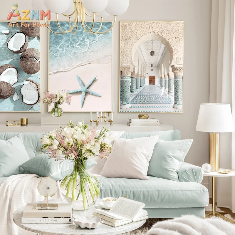 AZNM Boho Beach Canvas Wall Art Moroccan Arch & Ocean Print for Coastal Home Decor