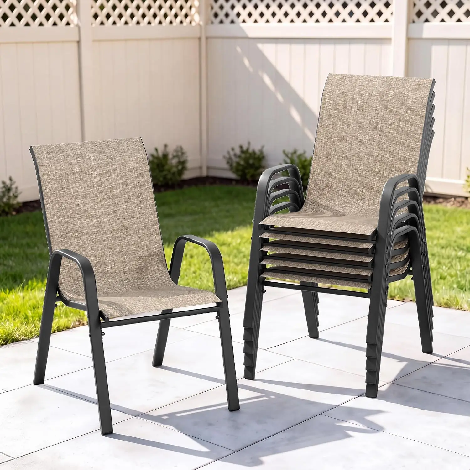 Outdoor Patio Chairs Set of 6 Stackable Dining Chairs All-Weather Textilene Furniture Set for Pool Deck, Backyard