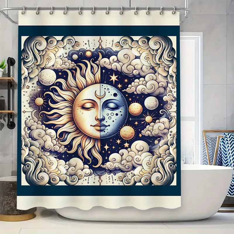 Cosmic Harmony: Sun and Moon Artistic Shower Curtain for a Mystical and Dreamy Bathroom Décor