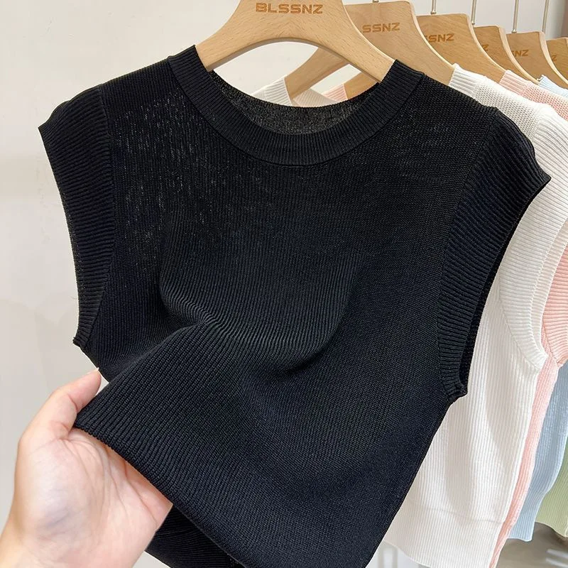 Eis Seide Stricken Kurzarm Sommer Neue Stil Vielseitiges T-shirt Ärmelloses Slim Fit Kurze Top Einfarbig