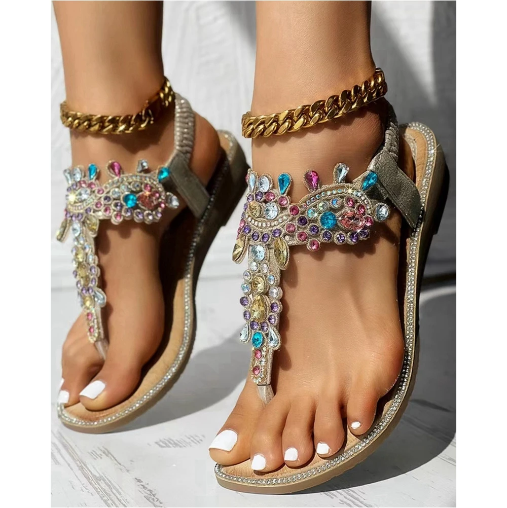 

Summer Fashion Women Colorful Rhinestone Decor Going Out Sandals Shoes Toe Post Flat Round Toe Korean Style Beach Sandals Traf