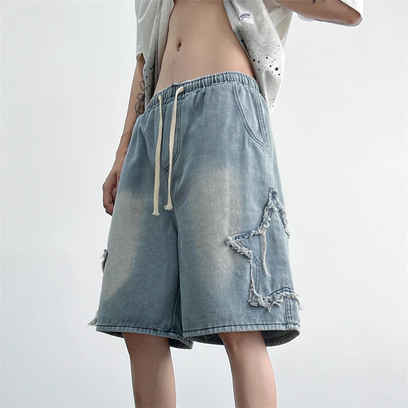 

2024 Men's Summer Fashion Streetwear Loose Shorts Star Male Pocket Denim Short Pants Male High Street Hip Hop Jeans Shorts F60