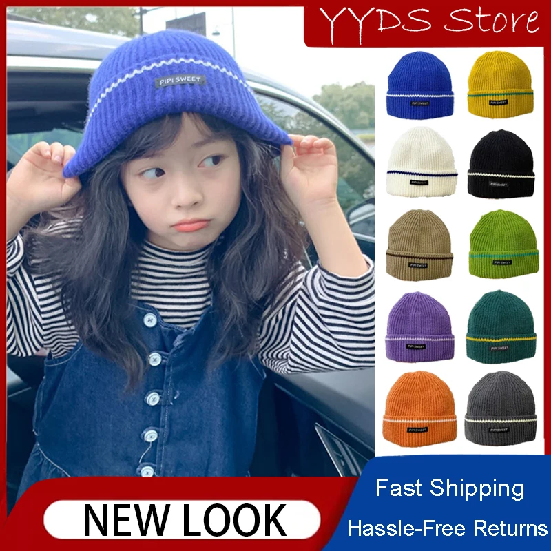 

Children's Horizontal Label Wool Cap Autumn and Winter with Warm Ear Protection Fashion Head Cap Boys and Girls Beanies