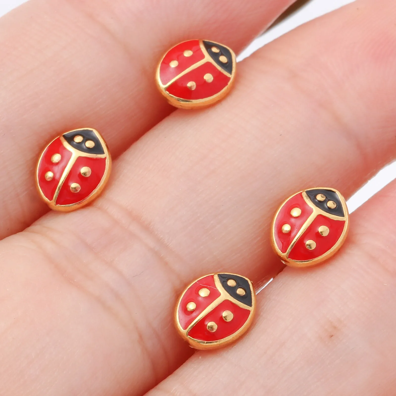 316 Stainless Steel Enamel Red Ladybug Ear Post Stud Earrings Gold Color Animal 7.3mm x 6mm, Post/ Wire Size: (21 gauge), 1 Pair