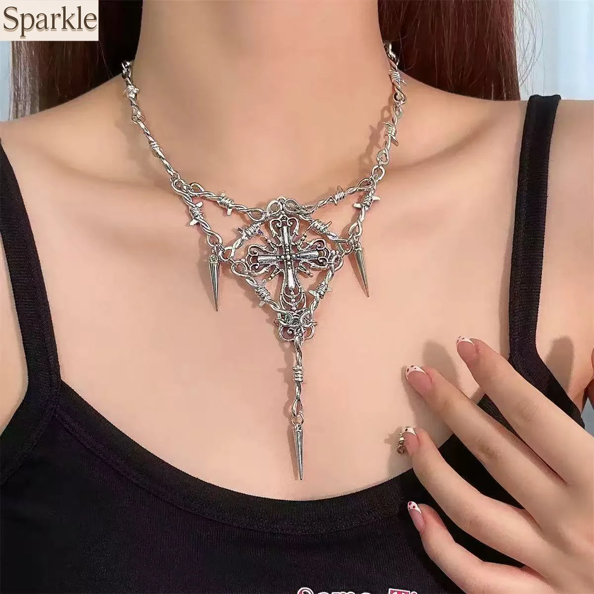 

Gothic Thorn Spiked Cross Wire Chain Necklace for Women Y2K Exaggerated Large Pendant Jewelry Valentine’s Day Gift Accessory