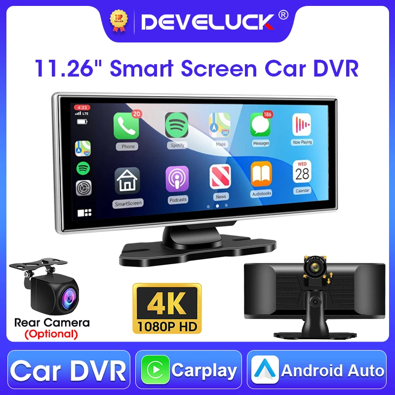 Develuck 11.26-inch 4K Car DVR Dash Cam Rear view Camera Carplay Android Auto Dual Lens Video Recorder GPS Navigation Monitor