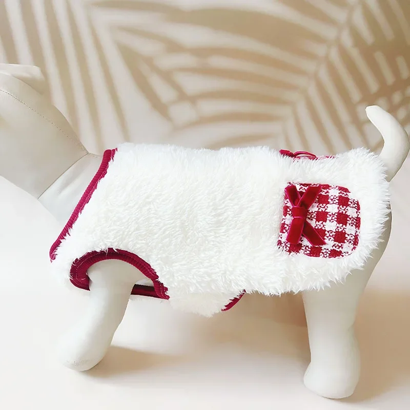 Dog Christmas Lamb Velvet Vest Pet Clothes Plush Two Legged Vest Cat Plush Thickened Tank Pet Plaid Pocket Coat Puppy Clothes