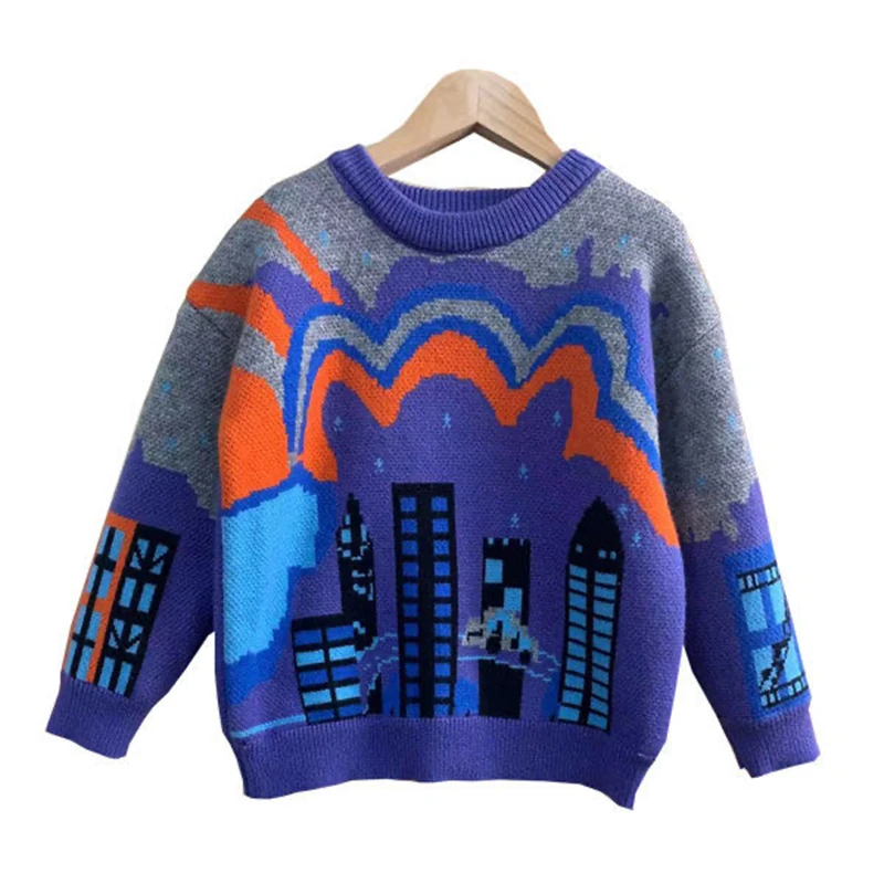 New Autumn Winter Knitted Sweater Children\'s Clothing Boys Modern Building Thicken Sweaters Fashion Girls Pullovers Knitwear