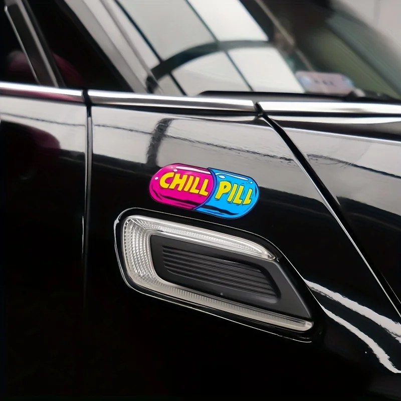 1pc Chill Pill Pink Blue Reflective Vinyl Sticker, Scratch Resistant Cartoon Decal for Car Motorcycle Laptop Skateboard