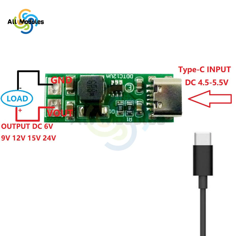 9W mini Type-C USB DC 5V to 6V 9V 12V 15V 24V DC DC Boost Step-up Converter PWM PFM Voltage Regulator Module