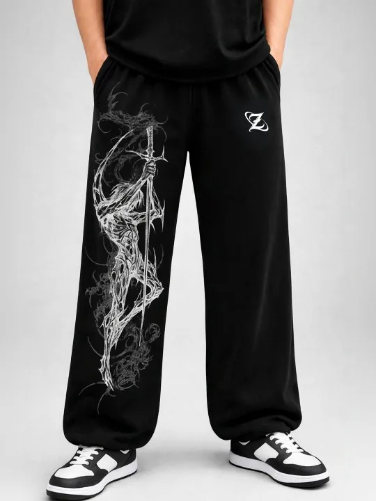 Men Ghostly Swordsman Skull Graphic Print Casual Pants, Edgy Dark Occult Street Vibe,From Art House Cinemas To Late Night Diners