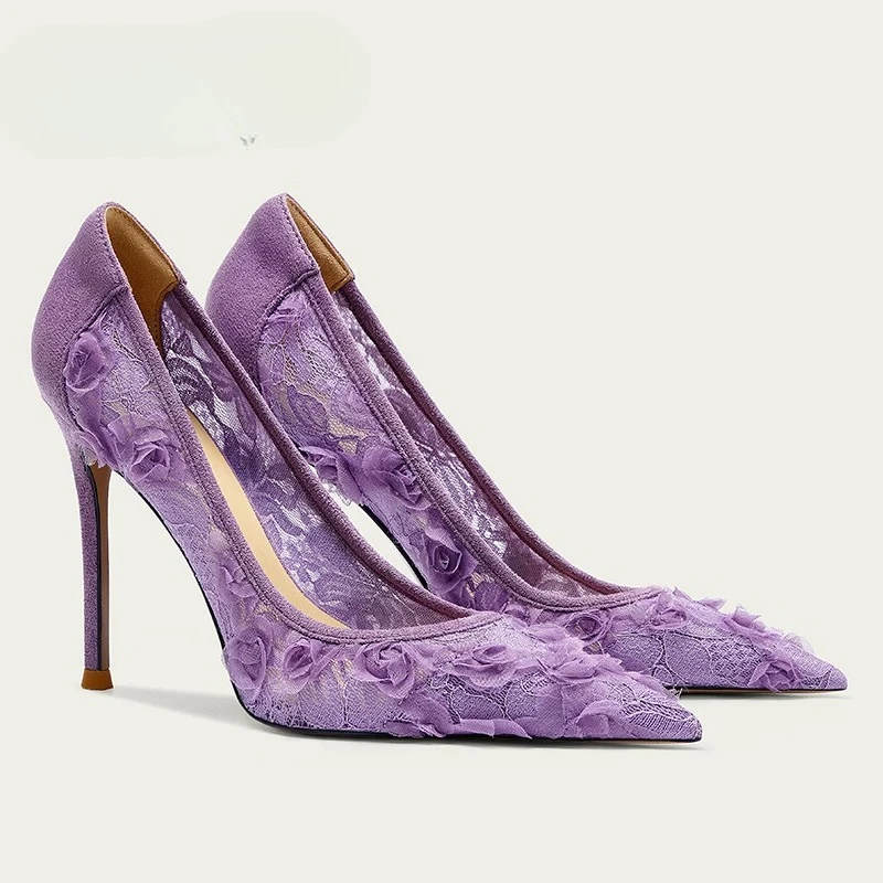 Purple French mesh lace high heels wedding shoes for women slim heels with pointed toes, breathable and sexy floral single shoes