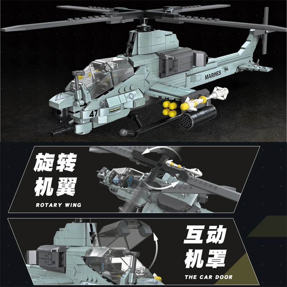 AH-1Z Blocos De Construção De Helicóptero Armado Para Crianças, Modelo De Avião, Kits De Construção, MOC Bricks, Construção, Presentes, 597Pcs