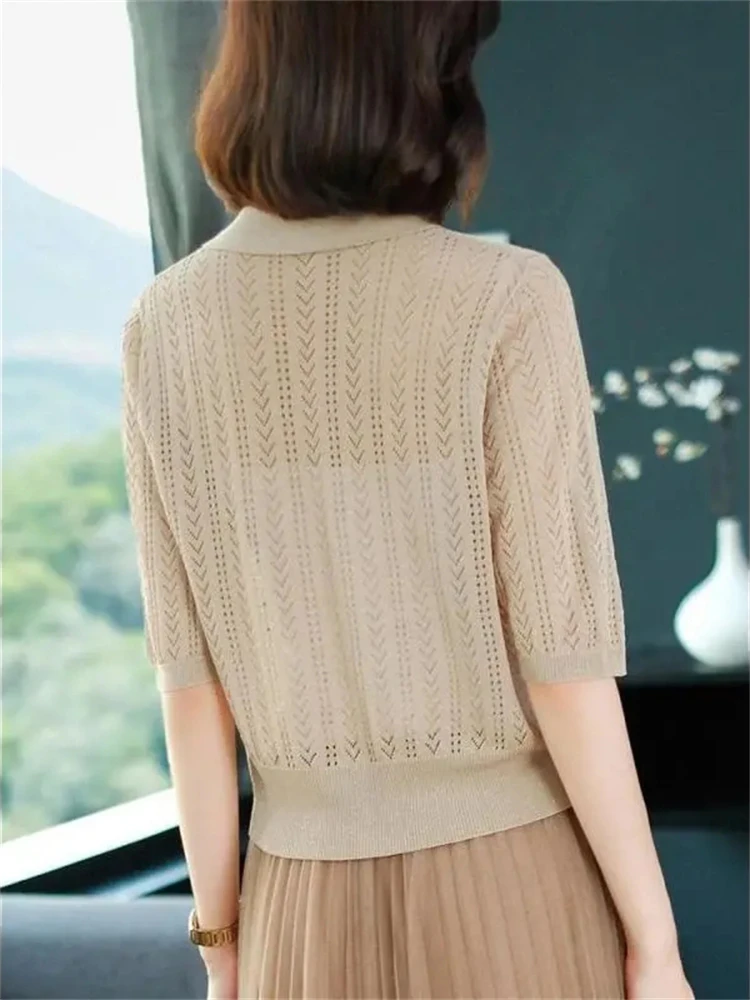 Thin Hollow Out Loose Knitted Cardigan Women Half Sleeve Shawl Korean Sunscreen Short Tops Ice-silk Elegant Spring Summer Coats