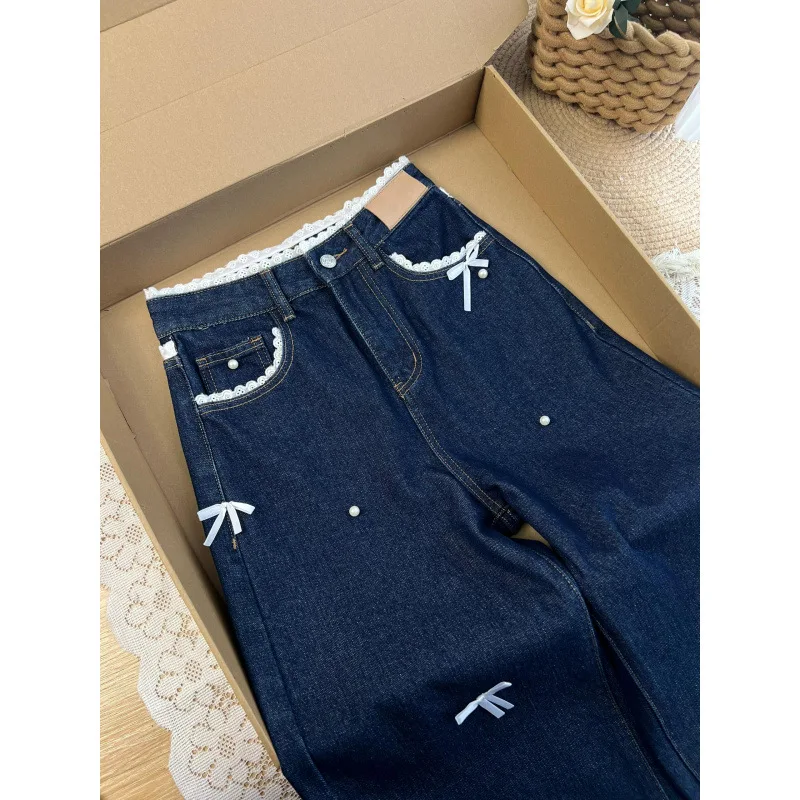 2026 Summer New Product Lace Waist Design Straight Jeans Women's Loose