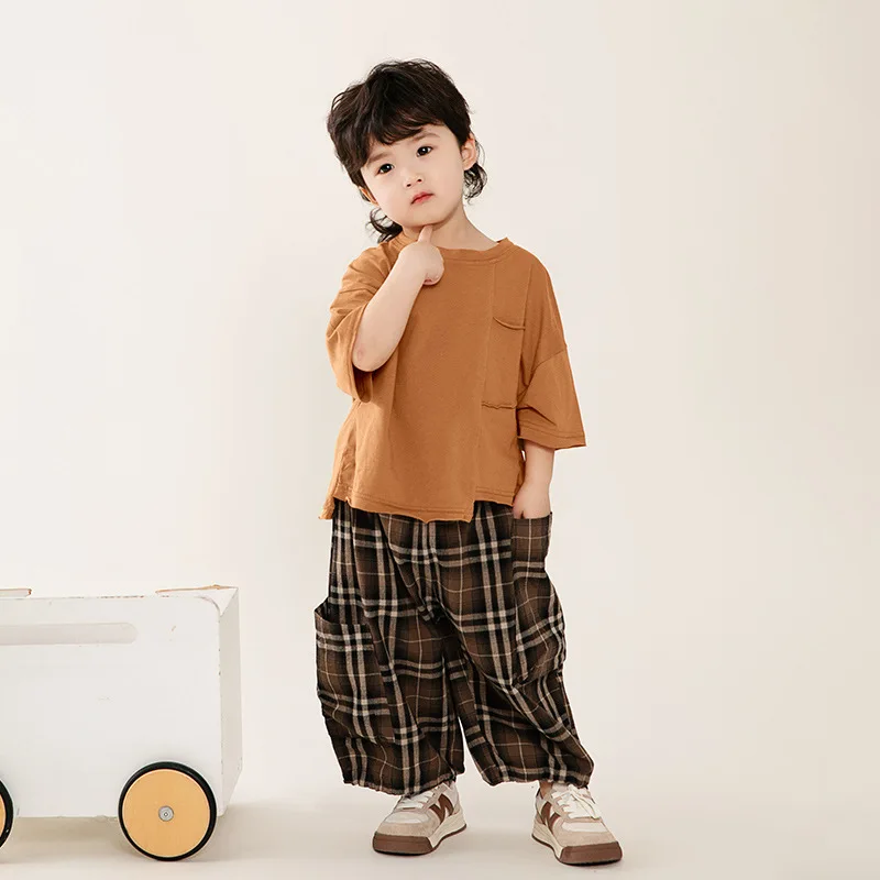 Baby Boys Top Children Short Sleeve T-shirt Summer Children Korean Style Solid Color Splicing Irregular Half Sleeve Tops