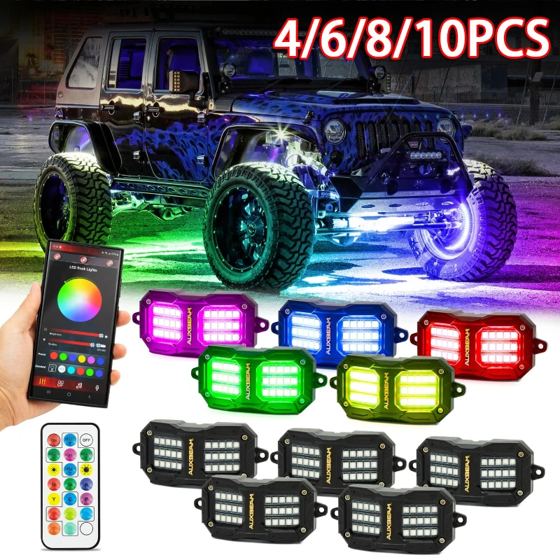 Auxbeam 4/6/8/10pcs Universal RGB LED Rock Lights Car Underbody Ambient Light with APP and Remote Ccontrol