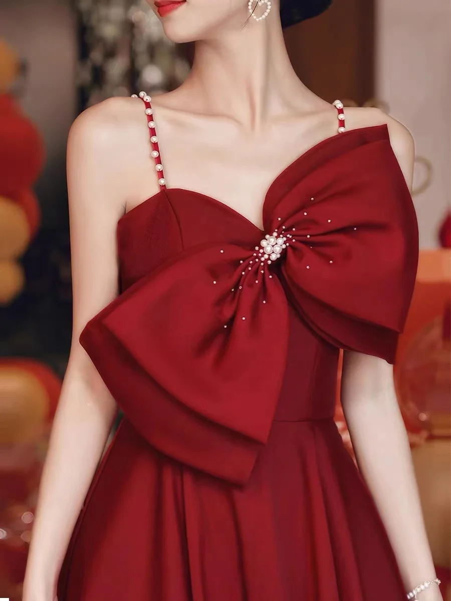 

Elegant Lady Burgundy Evening Dresses A-Line Spaghetti Straps Sleeveless Sweetheart Big Bow Backless Bridal Wedding Party Gowns