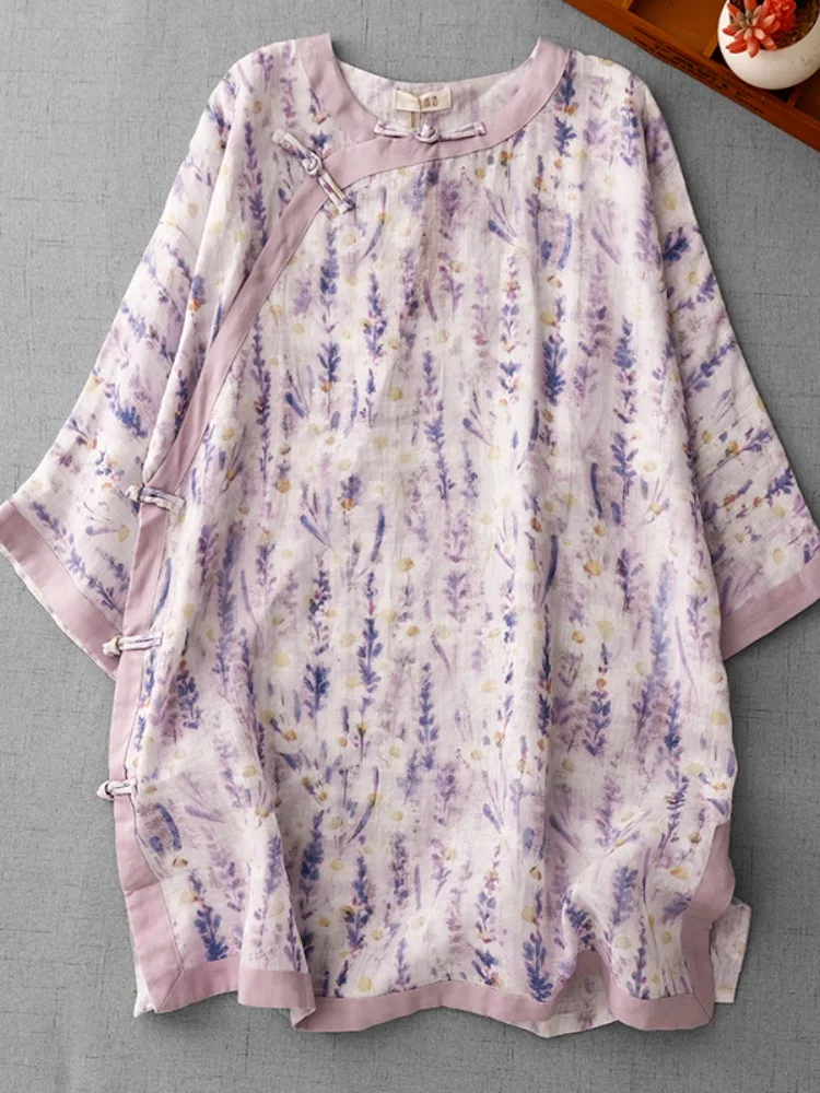 

Lavender Print Cotton Linen Shirt Dress Women's Mid-Length Slimming Asymmetrical Collar Button-Up Tea Costume Top