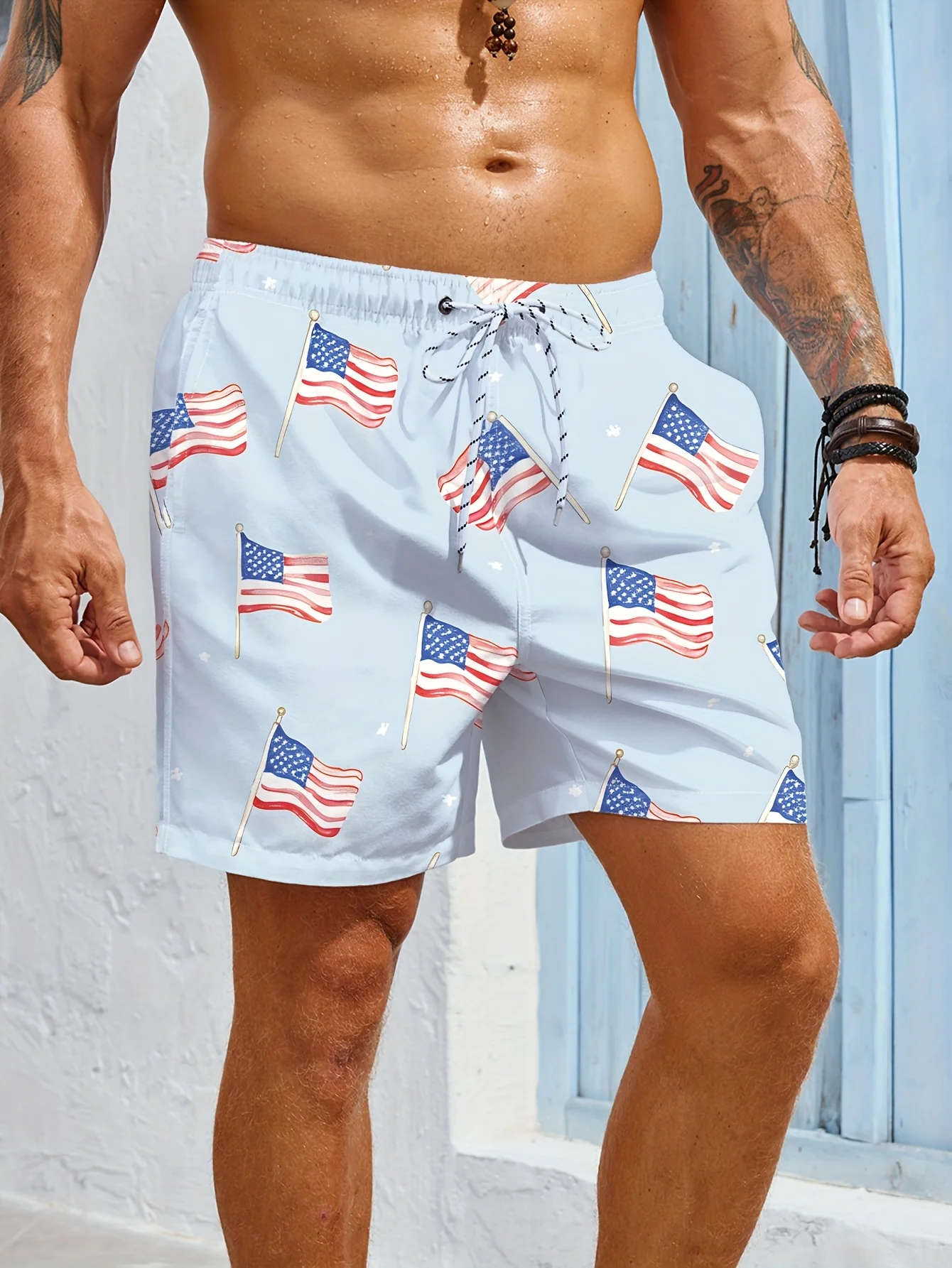 

2026 Model Men's Casual Shorts, with American Flag Print, Quick-drying and Breathable, Suitable for All Seasons.