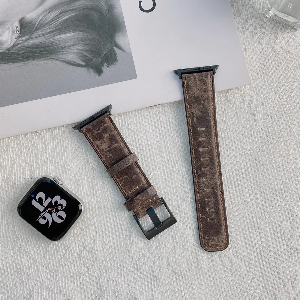 حزام من الجلد لساعة أبل 44 مللي متر 49/45 مللي متر 40/41 42 46 مللي متر حزام ريترو فاخر Correas iWatch سلسلة 10 9 5 4 SE 6 7 8 Ultra 2