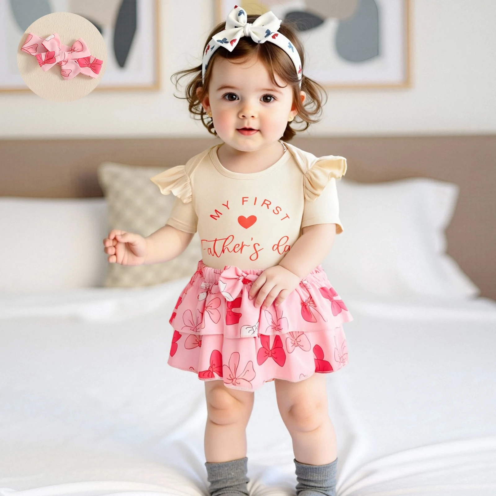 

Летняя одежда для маленьких девочек на день отца, комбинезон с буквенным принтом + многоуровневые шорты с рюшами и бантом + повязка на голову, комплект одежды для новорожденных