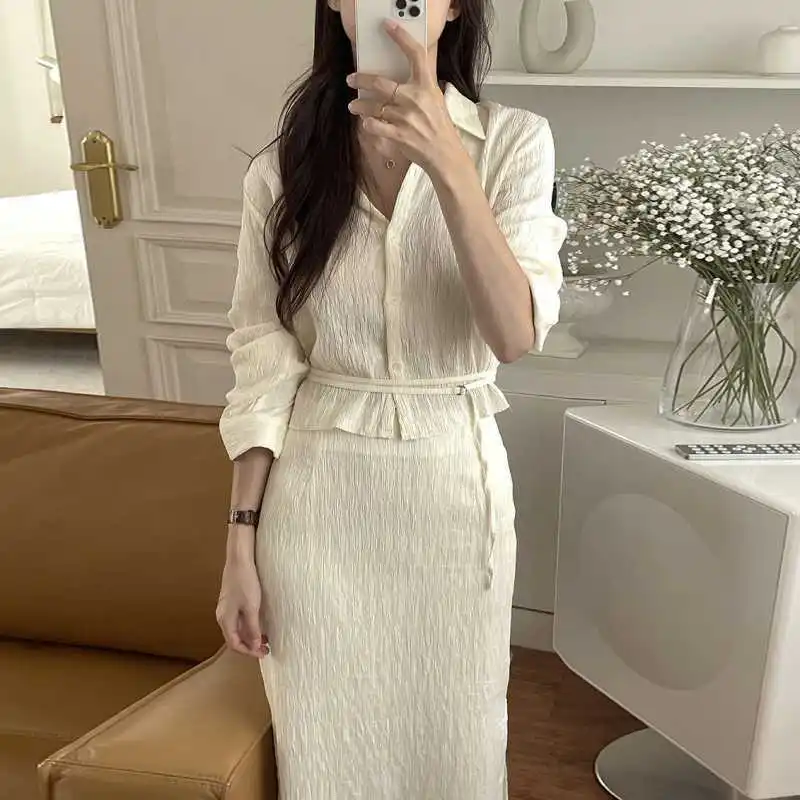 Early Spring New Arrival French Style Elegant All-Match Long-Sleeved Pleated Shirt High Waist Slim-Fit Skirt Suit Ropa Mujer
