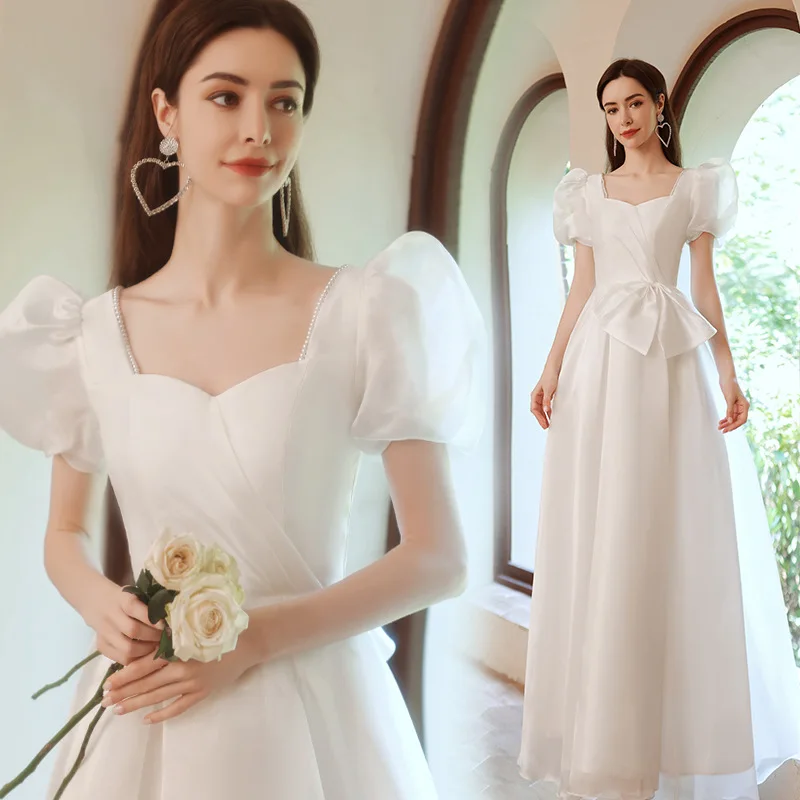 N11147 Customized White Bubble Sleeves Wedding Dress Sweet Memory Princess Square Collar Floor Length Long Party Dress