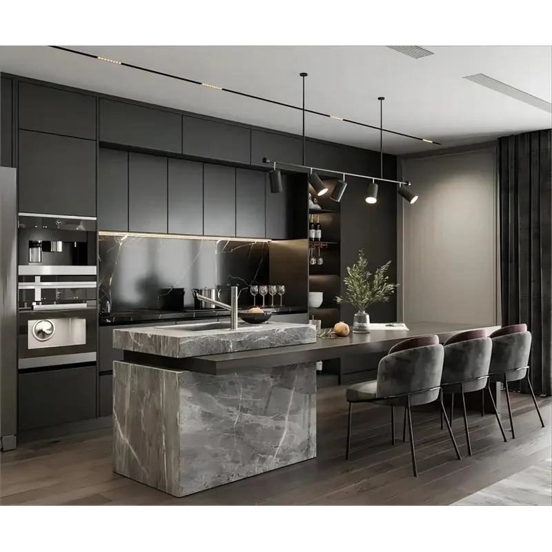 Style Black Lacquer Cinet Plywood Kitchen Counter Cocina Cinets With Sintered Countertop