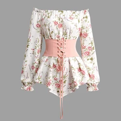 Women Off The Shoulder Blouse Floral Print Ruffle Trim Corset Belt Asymmetric Hem T Shirt Long Sleeves Tops